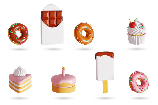 不健康的甜食图标。甜甜圈、蛋糕、纸杯蛋糕、巧克力、蛋挞和白色背景的冰淇淋。三维渲染图片下载