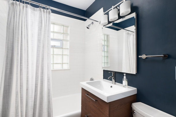 一间带木柜子的蓝色浴室。图片下载