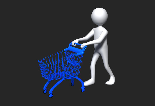一个卡通男人推着购物车的3D插图图片下载