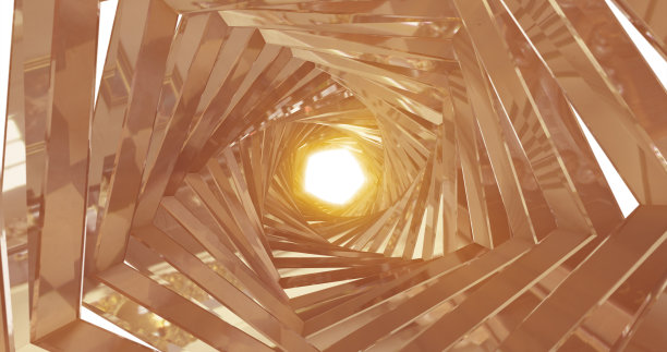 一个旋转的金色金属隧道，墙壁由五边形的肋骨和线条组成，反射着明亮的阳光。抽象的背景图片下载