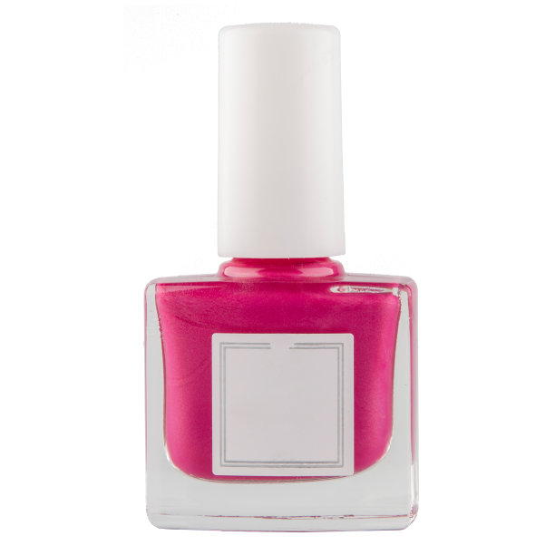 玻璃瓶装的指甲油，亮粉色，白色背景。
装饰性化妆品。图片下载