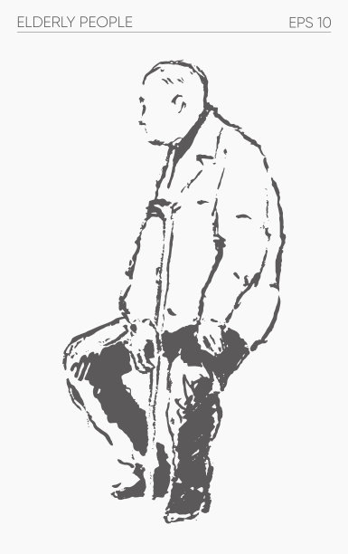 老人独自坐着，手绘矢量插图图片下载