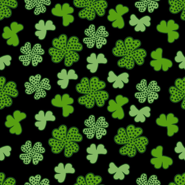 圣帕特里克节无缝图案矢量设计。一张黑色背景上有幸运三叶草的照片。明信片，方形模板，打印在纸上，织物。图片下载