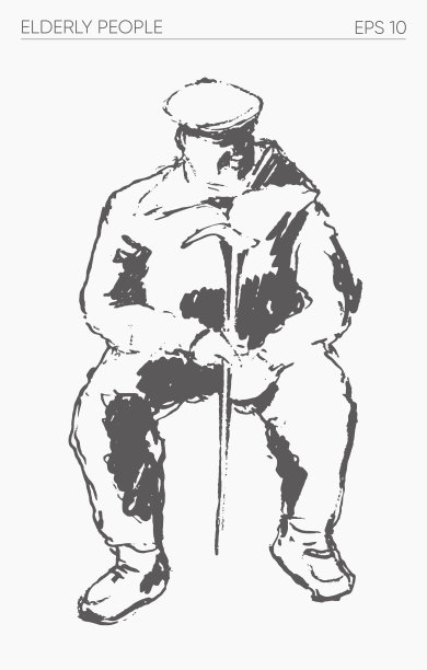 老人独自坐着，手绘矢量插图图片下载