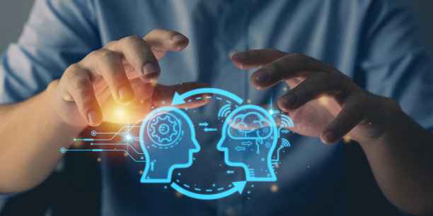 AI机器学习，人用手控制AI信息图概念，科学与人工智能技术，创新与未来。图片下载