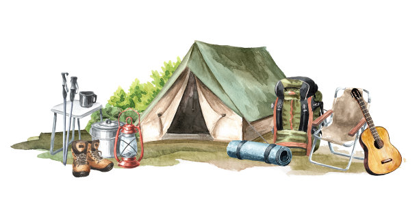 帐篷，背包，折叠椅，登山靴。露营的概念。，手绘水彩插图孤立在白色背景图片下载