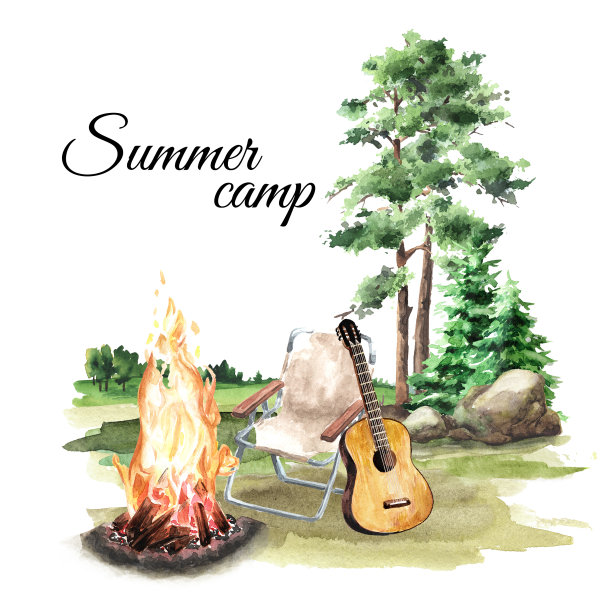 露营概念，手绘水彩插图，孤立在白色背景上图片下载