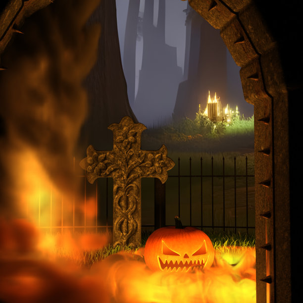 万圣节南瓜的微笑和可怕的眼睛在森林的火在晚上。恐怖万圣节南瓜的特写镜头。图片下载