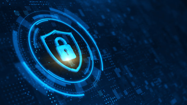 盾牌和挂锁。深蓝色上的抽象插图。保护和安全理念。数字盾牌和挂锁的抽象技术背景。三维渲染图片下载