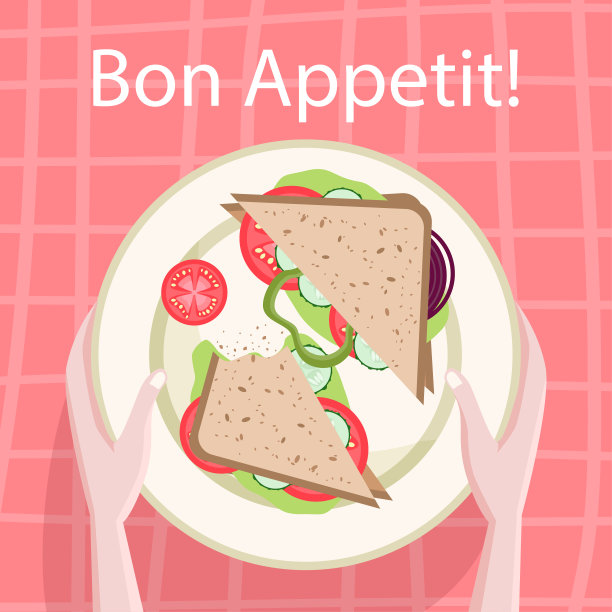 三明治放在粉红桌布上的盘子里。餐厅海报或横幅。矢量图图片下载