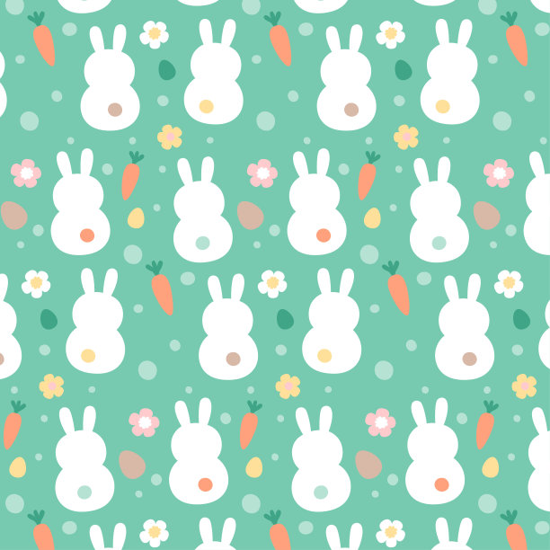 可爱的白兔剪影和花图案，矢量，插图图片下载