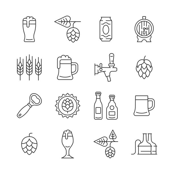 啤酒线图标集。矢量收集符号与啤酒杯，啤酒花锥，大麦耳朵，桶，开瓶器，瓶。图片下载