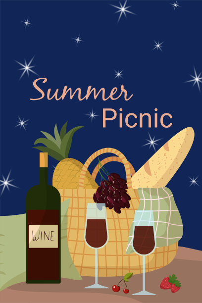 浪漫的夏日野餐之夜。葡萄酒，野餐篮，法棍面包，一瓶葡萄酒，酒杯和菠萝，葡萄图片下载