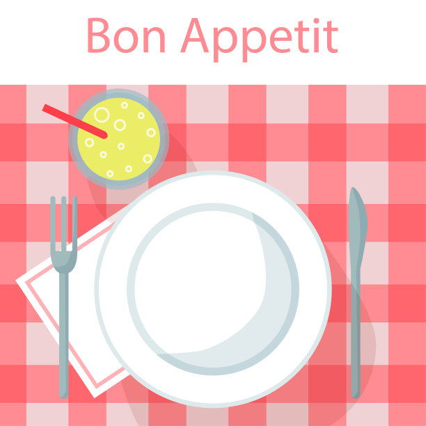 白色的盘子，刀叉放在红色的桌布上。餐厅海报或横幅。夏季野餐。矢量插图。图片下载