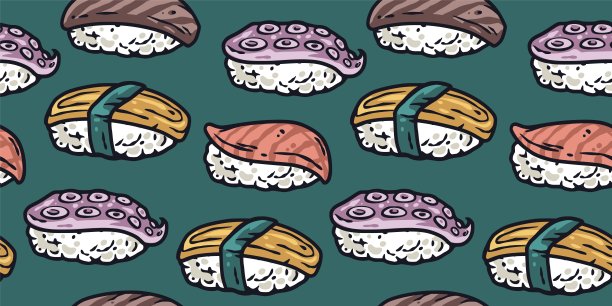 亚洲食物寿司无缝模式为海鲜背景。日本或中国的三文鱼卷，海苔卷图片下载