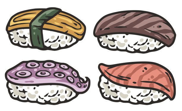 寿司套餐，日本卷，中国卷。有鲑鱼、海苔、虾、鱿鱼或海鲜的亚洲食物图片下载