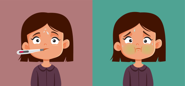 小女孩感到恶心发烧和恶心矢量卡通插图图片下载