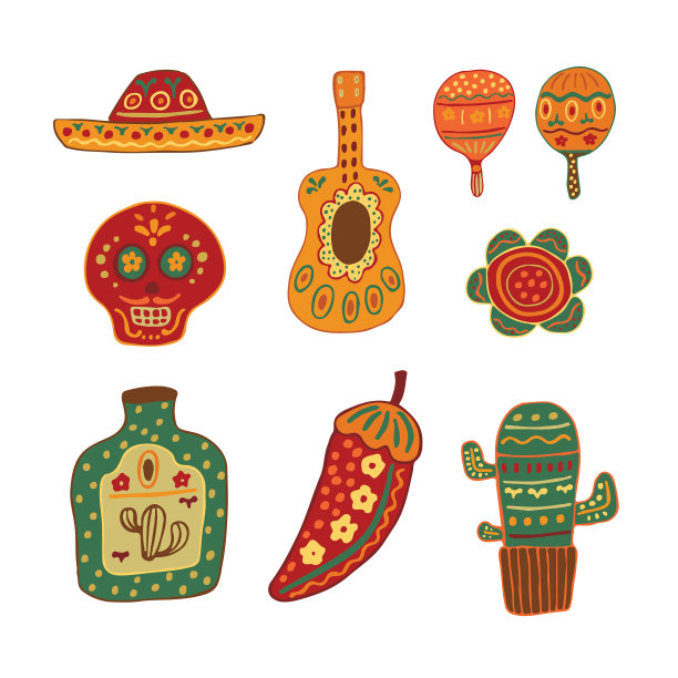 五月五日节。明亮的向量集合。胡椒，吉他，宽边帽，龙舌兰酒。矢量图图片下载