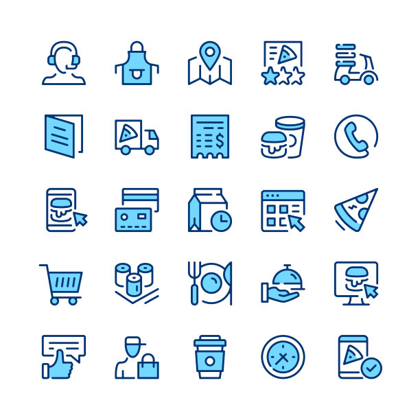 送餐线图标。蓝色的颜色。勾勒出笔画符号。矢量线图标集图片下载