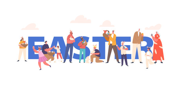 阖家欢度复活节。父母和孩子，有彩色鸡蛋的人，兔子和有彩绘鸡蛋的篮子图片下载