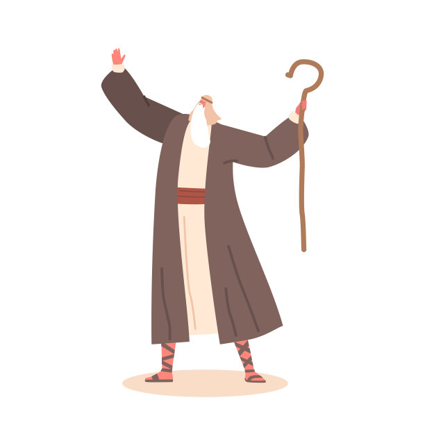 摩西与杖，老先知站着举起手孤立在白色背景。圣经或历史人物图片下载