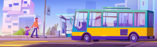 公交车站的人，父亲带着小女儿图片下载