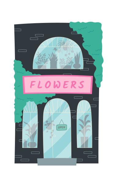 鲜花商店入口门与展示平面图标图片下载
