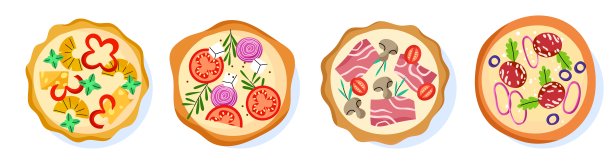 美味的意大利披萨。俯视图食物，面团玉米饼与不同的新鲜食材，浇头，玛格丽特，意大利辣香肠，夏威夷，矢量集图片下载