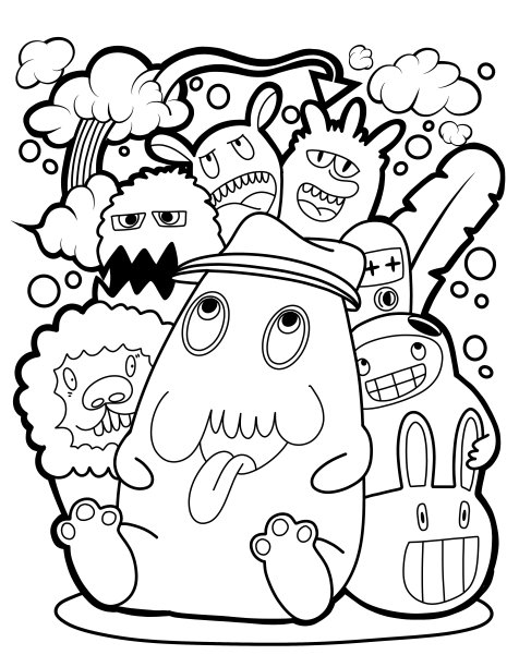 手绘插画，怪兽涂鸦，手绘卡通怪兽插画，卡通人群涂鸦手绘涂鸦风格。黑白条纹填色书。图片下载