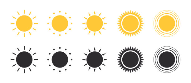太阳图标，太阳能图标集，太阳星，阳光符号，矢量插图图片下载