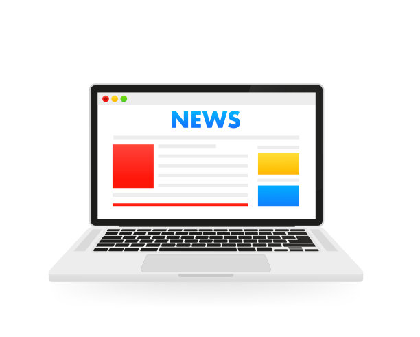 在笔记本电脑上阅读新闻。笔记本电脑与报纸，通讯，新闻网站在屏幕上，在线新闻。矢量图图片下载
