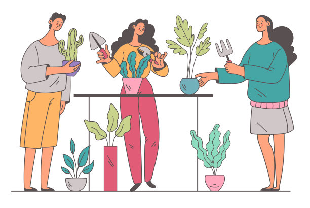 人们，男人，女人，园艺，浇水，照顾家里的花，植物。涂鸦线艺术可爱的风格概念集。矢量卡通平面设计元素说明图片下载