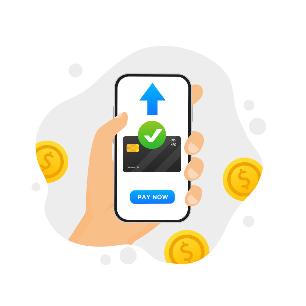 现在用银行卡手机支付，支付成功，支付商品和服务，现在购买按钮，金币，在时尚的设计。矢量图图片下载
