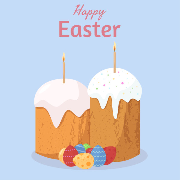 复活节，传统面包店的蛋糕配蜡烛，彩蛋。复活节快乐海报或贺卡。平面矢量图图片下载