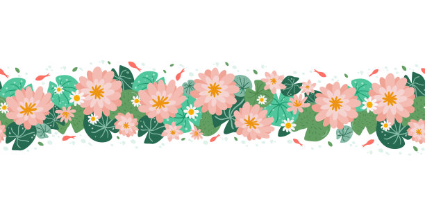 荷花、荷叶、锦鲤横无边框。亚洲睡莲花无尽的旗帜矢量插图图片下载