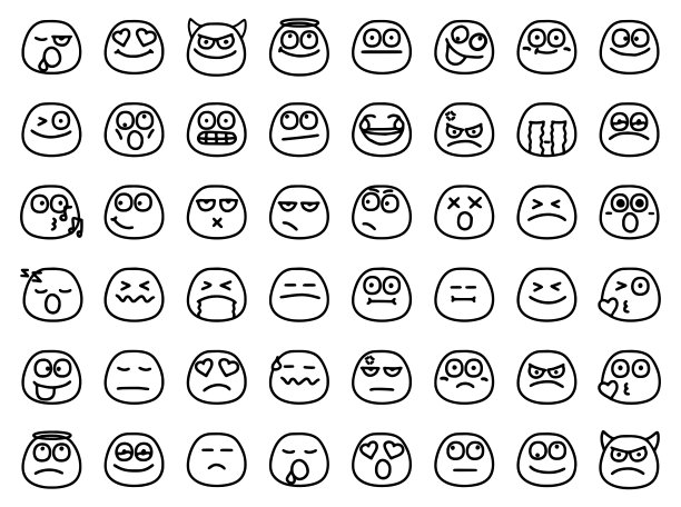 在白色背景上隔离的涂鸦风格的表情符号集。滑稽面孔剪贴艺术。图片下载