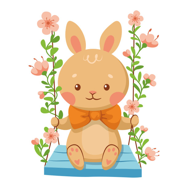 可爱的复活节兔子坐在秋千卡通矢量插图图片下载
