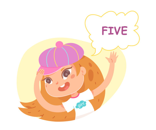 孩子数到五矢量插图。卡通孤立可爱的学龄前女孩里面黄色的数字显示5个手指手势数数和学习数字，算术和基础数学在幼儿园图片下载
