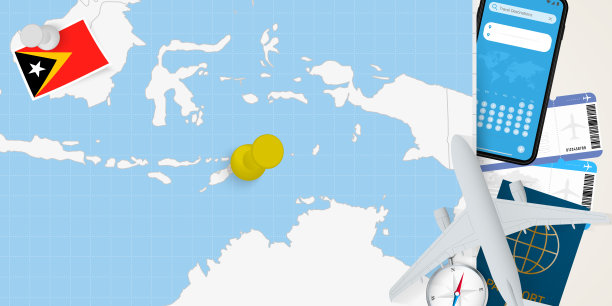 去东帝汶旅游的概念，地图上有钉的东帝汶地图。假期准备图、旗帜、护照、机票。图片下载