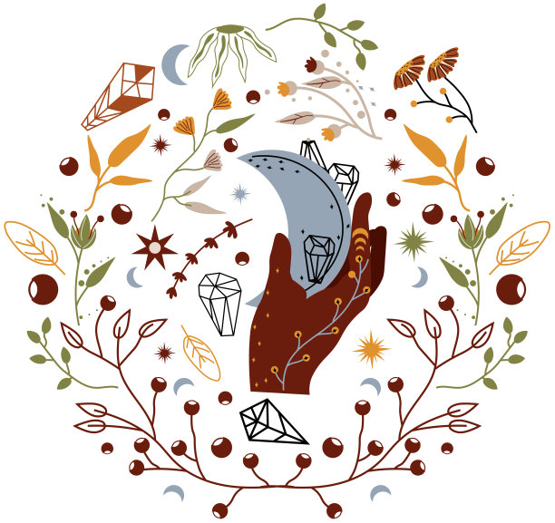 波西米亚式的构图用一只神秘的手握着月亮、花朵、树叶、星星。天体设计适用于海报，横幅，化妆品，水疗。矢量图图片下载
