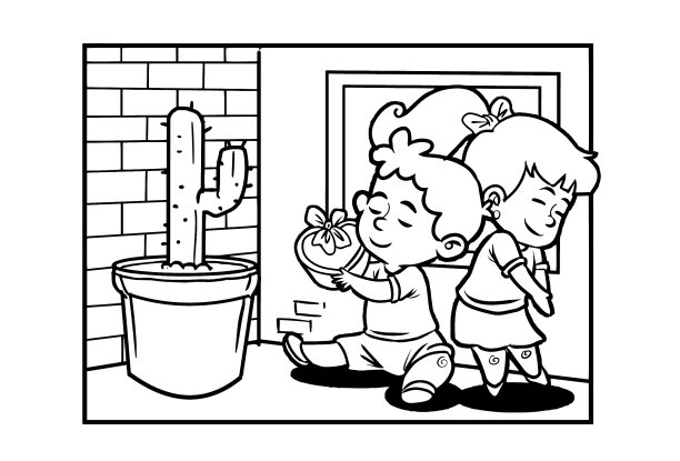 可爱的情人节着色书-一个男孩拿着一个心形的礼物给他的女朋友图片下载