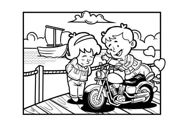可爱的情人节填色书——一个男孩抱起他的女朋友，骑着一辆粉红色的摩托车去散步图片下载