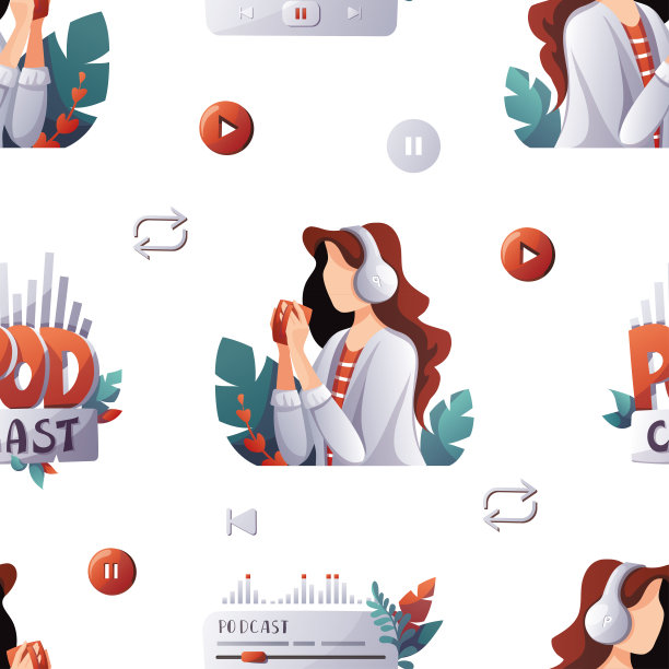 无缝模式与年轻女子耳机听播客。图片下载