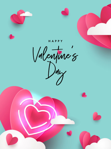 情人节快乐海报的浪漫概念。逼真的3d折纸心在云。心脏和XO霓虹灯符号。节日横幅，销售海报，社交媒体或促销模板。图片下载