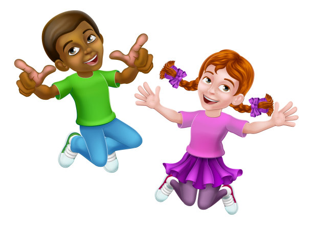 蹦蹦跳跳的女孩和男孩儿童漫画图片下载