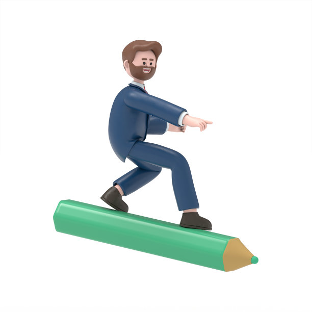 3D插图的微笑大胡子美国商人鲍勃骑在一个巨大的铅笔。白色背景上的3D渲染。图片下载