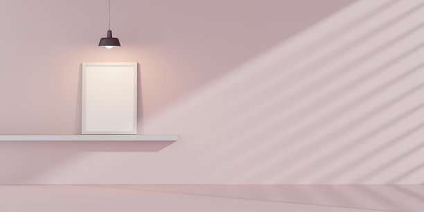 室内空画框，色彩柔和柔和。框架模型在房间和架子与装饰3d插图图片下载