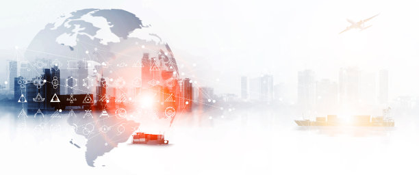 经营全球物流网络分销或运输行业或航运业务，集装箱货物运输，卡车运输，飞机，进出口概念图片下载