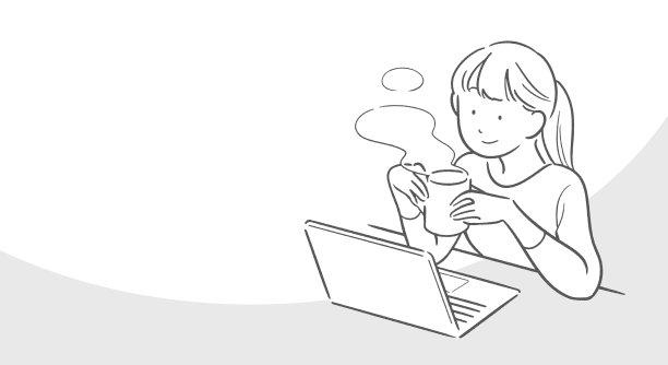 一个女人在放松的时候看着电脑，简单的线条画。图片下载