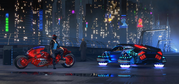 自行车的女孩。未来赛博朋克夜城场景图片下载